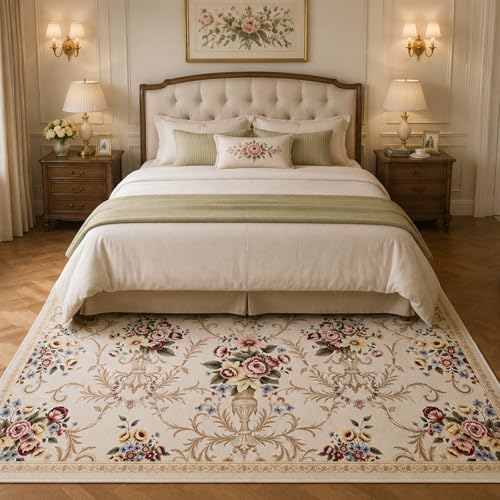 Helthep 5 * 7ft White Vintage Floral Washable Area Rug for Living Room - Image 2