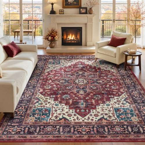 8x10 Washable Area Rugs for Living Room Bedroom, Non-Slip Burgundy by Vibrug