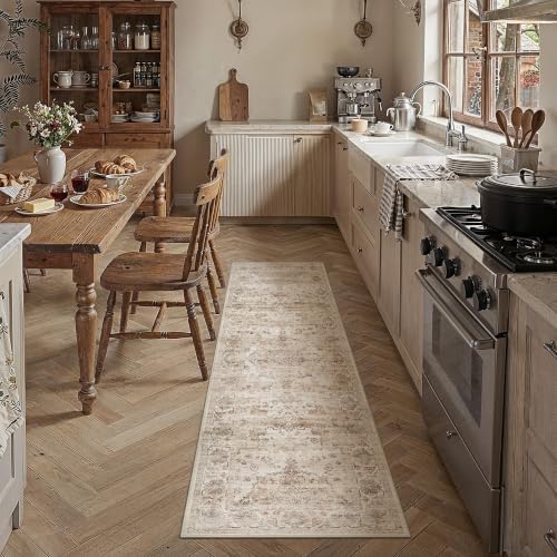 PureCozy Beige Runner Rug 2x6 Kitchen Vintage Floral Non-Slip Carpet - Image 2