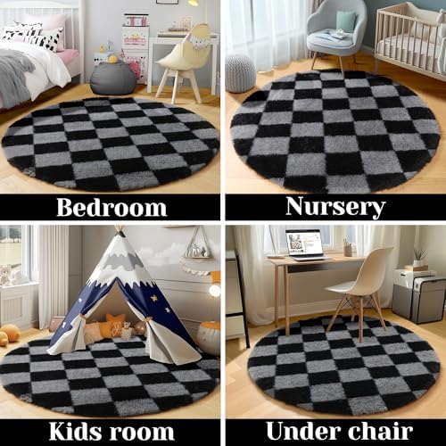KICMOR Round Rugs 6ft Black and Grey Circle Area Rug, Fluffy Soft Fuzzy Shag Shaggy Bedroom Living Room Carpet, Indoor Checkered Circular Rug for Teen Kids Boys Girls Home Decor Aesthetic, Nursery - Image 5