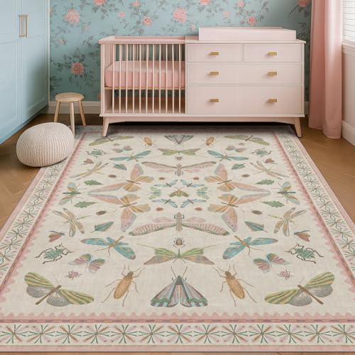 Hazo Haus Washable 5x8 Light Pink Rug for Bedroom - Pink Boho Girl Nursery Rug, Living Room, Nature Insect Bug Print Home Decor - Image 6