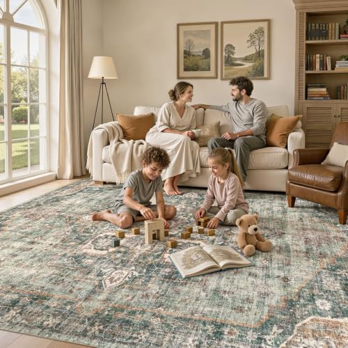 UERMEI 10x14 Area Rug for Living Room Washable Vintage Non Slip Green - Image 4