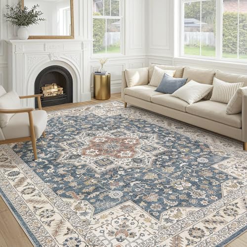 cotiled 12x15 Area Rug for Living Room, Washable, Traditional, Vintage Blue by COTILED