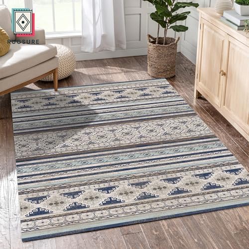 RUGSURE Washable Area Rugs 5' x 7' - 1/6 Thick - Moroccan-Inspired -Stain & Water Resistant Non-Slip - Resistant Rug for Living Room, Bedroom, Nursery, Pet & Child Friendly (Blue and Brown) - Image 3