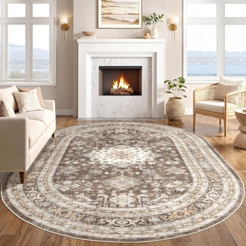 5x8 Ellipse Area Rug for Living Room, Washable, Traditional, Dark Brown - Image 6