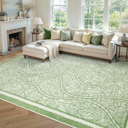 6x9 Ft Abstract Area Rugs for Living Room, Thin Soft Washable Carpet Green - Image 2