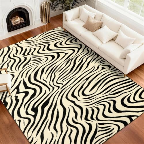 YIHOUSE 8×10 Ft Area Rugs for Living Room: Modern Washable Rug - Abstract Black and Cream White Rug for Bedroom Dining Room Office Playroom Nursery Home Decor - Nonslip Non-Shedding Striped Rugs by YIHOUSE