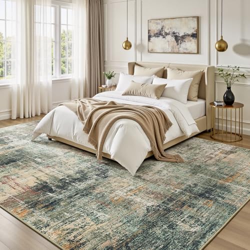 7x10 Area Rug for Living Room, Abstract Washable Large Rugs, Coffee/Green - Image 2