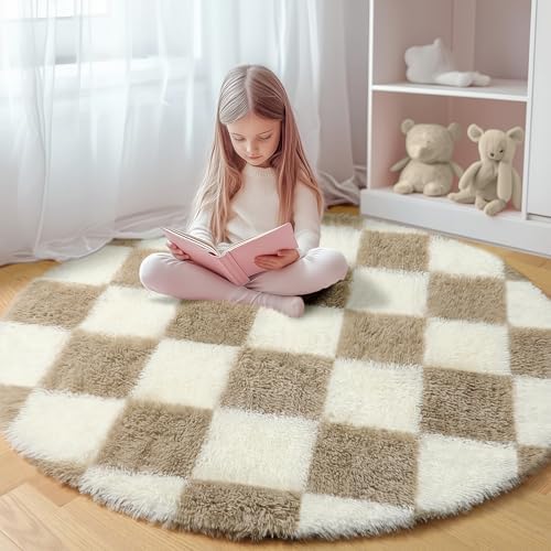 KICMOR Round Rugs 5ft for Bedroom Living Room, Fluffy Soft Circle Area Rug Fuzzy Shag Shaggy Carpet, Beige and Cream White Checkered Circular Rug for Kids Girls Boys Nursery Home Decor Aesthetic by KICMOR