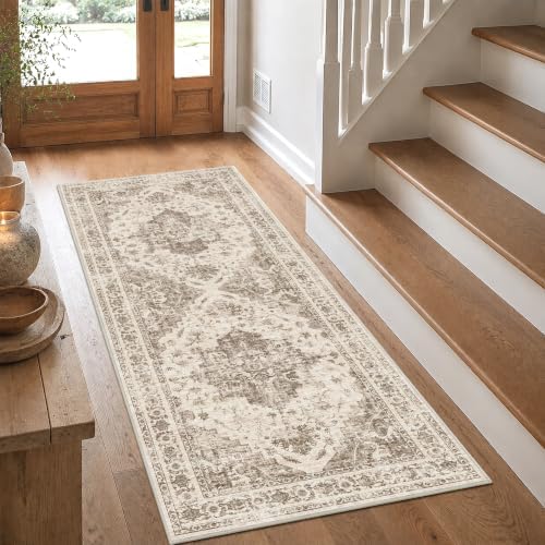 2x5 Washable Kitchen Runner Rug Non-Slip Medallion Taupe Throw Carpet by HOME