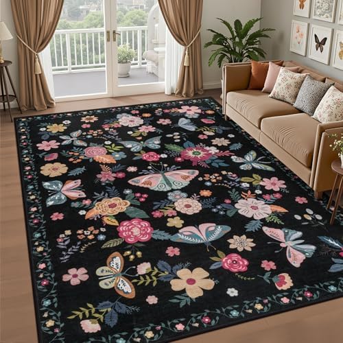 5x7 Area Rug Living Room: Soft Floral Washable Boho Carpet Black - Image 2