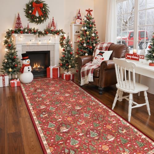 Madane Christmas Hallway Runner 3x8, Red Kitchen Rugs Washable Entryway Rug by Madane