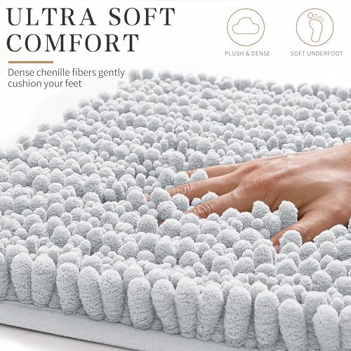 Yimobra Bathroom Rugs Non Slip Washable - Ultra Soft Absorbent Chenille Bath Mat, Quick Dry Shaggy Floor Carpet for Tub Shower, Light Gray Home Decor Accessories, 24x17 Inch - Image 4