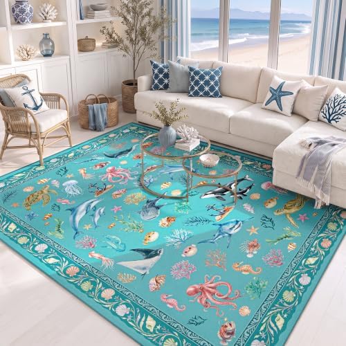 Arenarug 8x10 Washable Living Room Area Rug, Coastal Ocean Rug, Teal - Image 2