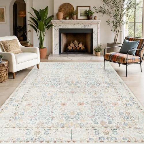SparkleGaze White Beige Ivory Floral Living Room Rug 5x7 Area Rug - Vintage Washable Rug for Dining Room, Bedroom, Ultra Soft Low Pile Non Slip Stain Resistance Distressed Boho Farmhouse Flower Carpet - Image 7