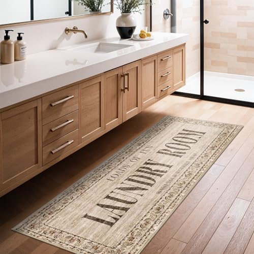 Non Slip Laundry Room Rug - 20x60 Farmhouse Washable Carpet Ultra Soft Duable Floor Mat for Mudroom Washroom Bathroom 20"x60" Natural Wood Brown by RUUGME