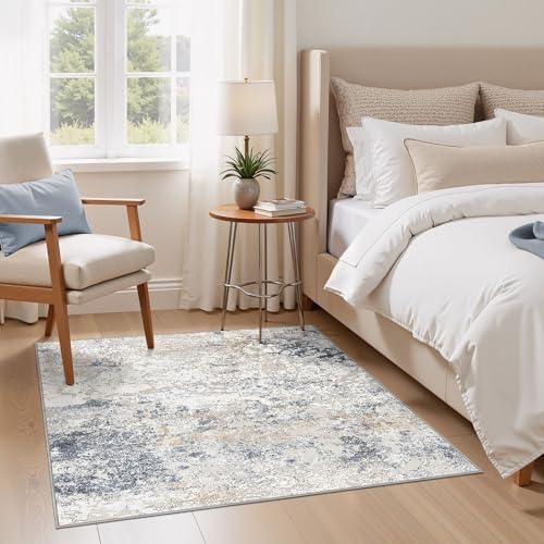 DMOYEST Square Area Rug Living Room Rugs - 5x5 Washable Large Soft Indoor Neutral Modern Abstract Low Pile Rug Carpet for Bedroom Dining Room Farmhouse Home Office - Beige Blue - Image 3