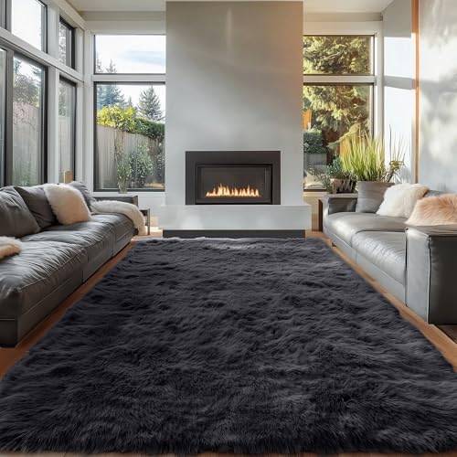 OLANLY 7x8 Machine Washable Large Area Rugs for Living Room, Bedroom, Soft Fluffy Shaggy Bedside Rug, Indoor Floor Carpet for Kids Girls and Boys, Dorms, Nursery, Home Decor Aesthetic, Black - Image 3