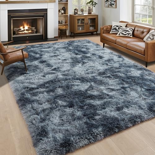 6x9 Large Tie-Dyed Blue and Grey Fluffy Area Rug Non-Slip for Kids Bedroom by ModernHomeDecor