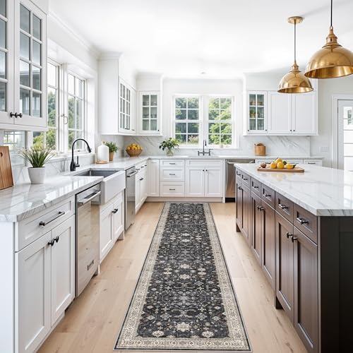 Hallway Washable 2'6x12 Runner Rug - Vintage Kitchen Rugs Non-Slip Soft Thin Farmhouse Carpet for Entryway Low Pile Indoor Floor Decor Mat for Bathroom Living Room Bedroom (Black/Multi,2'6"x12') - Image 3
