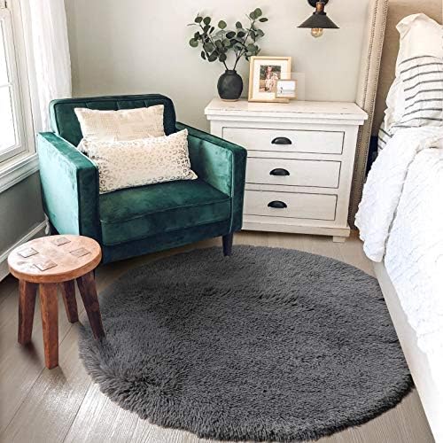 Amdrebio Grey Fuzzy Round Circle Rug 4Ft for Bedroom Living Room Office - Image 3