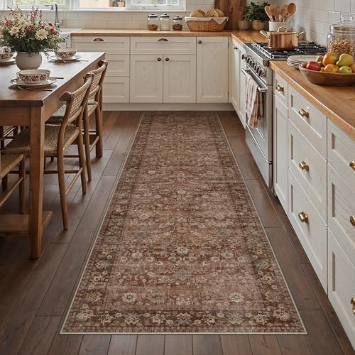 HUGEAR 3x8 Brick Red Vintage Floral Washable Runner Rug for Hallway by HUGEAR