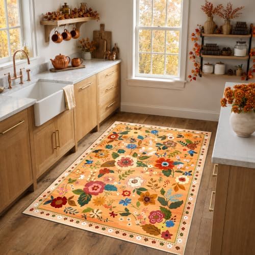 RELEANY Floral Washable 3x5 Area Rugs Orange/Yellow/Red - Image 2