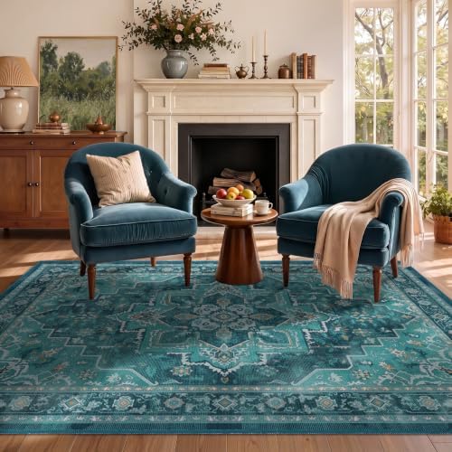Washable Area Rug 4'x5' Living Room, Vintage Medallion, Boho Teal - Image 4