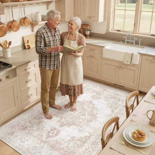 Area Rug 4x6 Vintage Rug: Washable Indoor Medallion Rugs Low Pile Distressed Floor Carpet Retro Accent Rug for Living Room Bedroom Kitchen Dining Table Home Office(Beige, 4'x6') - Image 3