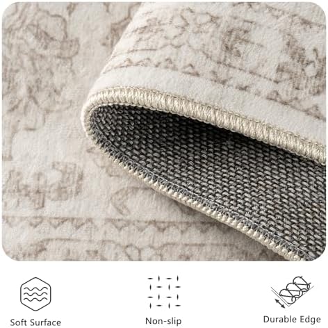 6x9 Area Rugs, Washable Vintage Retro Floral Rug for Living Room, Low Pile Non Slip Distressed Large Carpet for Bedroom, Dining Room, Office, Home (Light Brown) - Image 5