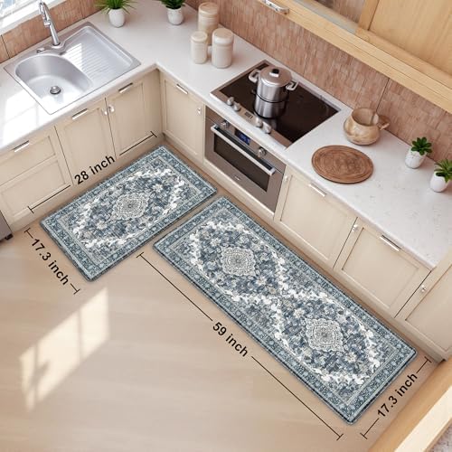Boho Kitchen Mats for Floor 2PC Anti Fatigue Kitchen Rugs, Dark Blue - Image 2