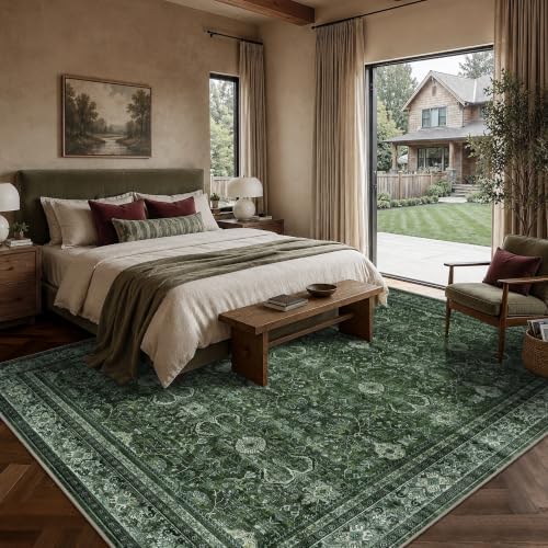 Schweek 9x12 Area Rug Green Washable Non-Slip Vintage Rugs for Living Room - Image 3
