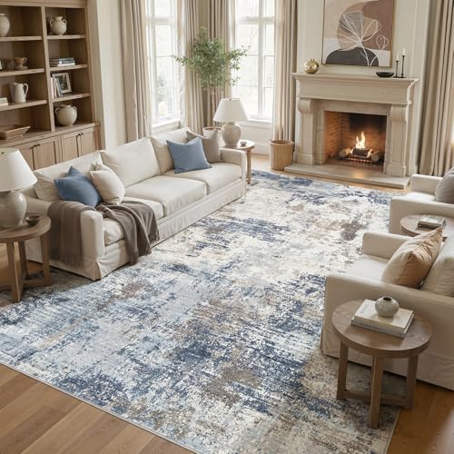 UERMEI 10x14 Area Rug Living Room Rugs - Washable Neutral Modern Abstract Soft Thin Large Rug Indoor Floor No Slip Rug Carpet for Bedroom Under Dining Table Home Office Decor - Denim Blue by UERMEI