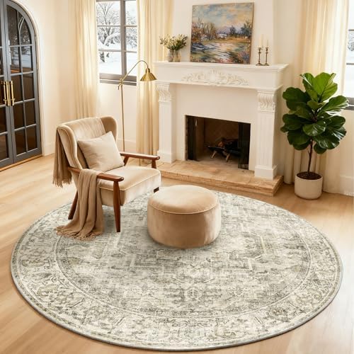 4x4 Round Bedroom Rug Washable: Living Room Rug Stain Resistant Non Slip Low Pile Soft Small Area Rug for Bedroom Entryway Kitchen Living Room Bedside Office Dorm Kids Room Entrance by palohom