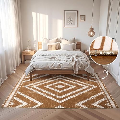 Boho Washable Rugs 5x7ft Non Slip, Low Pile Area Rug for Living Room, Brown Moroccan Bedroom Carpets, Non Shedding Soft Floor Carpet for Dining Room Bathroom Nursery Kitchen Office - Image 5