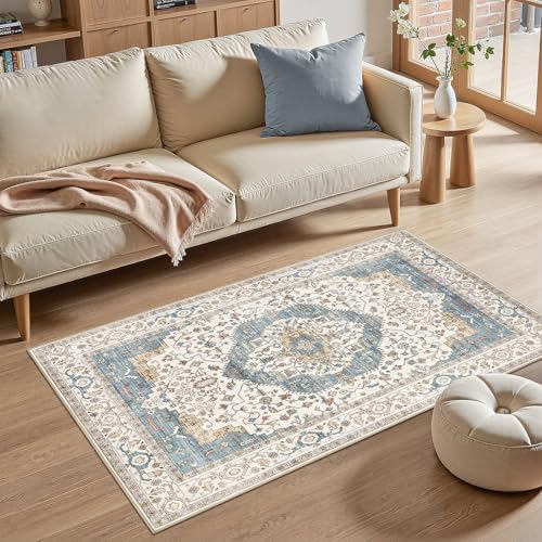 Vintage 3x5 Entryway Rug Washable Area Rug Blue - Image 4