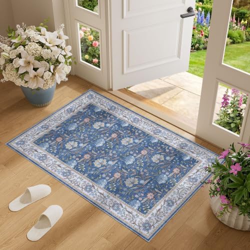 DUKINO 2x3 Rug, Washable Vintage Floral Bathroom Rugs Non Slip, Sky Blue - Image 3