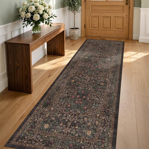 Boho Vintage 2x7 Long Runner Rugs for Entryway, Ultra Thin Kitchen, Bathroom, Hallway Rug, Low-Pile Washable Dark Brown Natural Floral Rug, Non-Slip Stain & Fade Resistant by HazoHaus