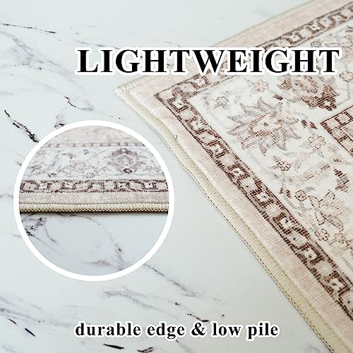 Living Room 4x6 Area Rugs: Vintage Farmhouse Washable Non-Slip Rug for Bedroom Dining Room Ultra Thin Soft Carpet for Nursery Kitchen Durable Low-Pile Neutral Floor Mat for Pet Owners(4x6 Beige) - Image 3