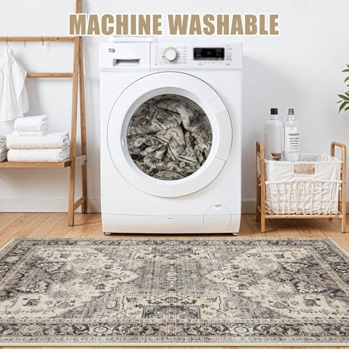 Area Rug for Living Room - 10x12 Soft Washable Oriental Vintage Floral Distressed Large Carpet - Fade Stain Resistant Non Slip Rugs for Bedroom Dining Room Nursery Dorm Office Home Decor - Brown - Image 3