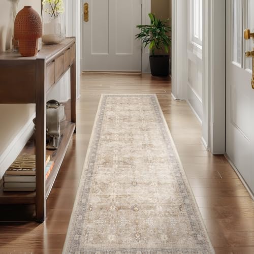 Beige Neutral 2x6 Runner Rug for Hallways Entryway, Vintage Earth Tone Kitchen Bathroom Runner 6ft, Non Slip Washable Low Pile Thin Carpet Runner for Mudroom/Laundry Room/Bedroom Bedside by Jainmy
