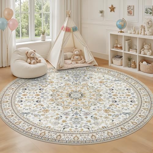 Round Area Rug for Living Room: 8ft Washable Rug for Bedroom Beige - Image 5