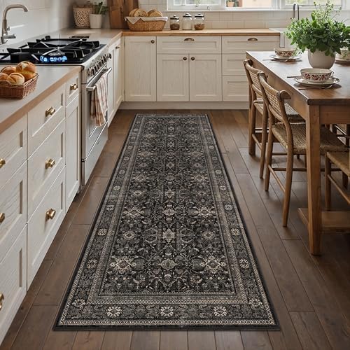Schweek 2.6x8 Runner Rugs Non Slip Vintage Floral Washable Runner Black by Schweek