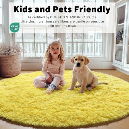 Yellow Fluffy Round Rug Circle Area Rugs 4ft for Girls Kids Teen Bedroom - Image 5