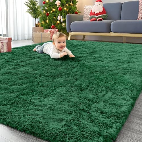 OLANLY 8x10 Machine Washable Large Area Rugs for Living Room, Bedroom, Soft Fluffy Shaggy Bedside Rug, Indoor Floor Carpet for Kids Girls and Boys, Dorms, Nursery, Home Decor Aesthetic, Dark Green by OLANLY