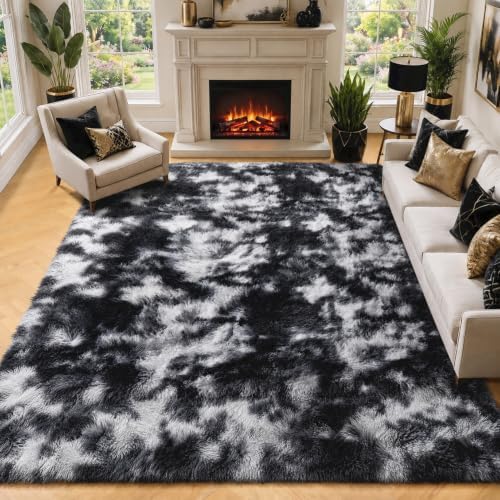 ONASAR 8x10 Area Rugs for Living Room, Black and White Large Fluffy Bedroom Rug, Soft Plush Thick Shaggy Big Floor Carpet for Kids Boy Girls Teen Dorm Nursery Indoor Home Decor Aesthetic by ONASAR