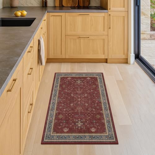 Burgundy 2x3 Washable Rugs for Entryway Indoor, Boho Kitchen Rug for Floor, Bathroom, Doormat Indoor Entrance, Waterproof Non Slip Low Pile Stain & Fade Resistant, Modern Eclectic Floral Decor - Image 3