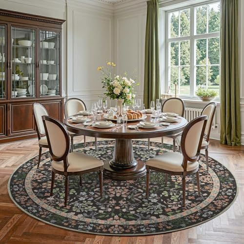 jinchan 8ft Washable Round Area Rug, Vintage Floral, Black by JINCHAN