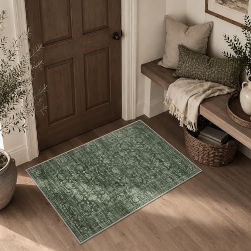 JOOJA 2x3 Dark Olive Green Vintage Soft Low Pile Washable Boho Entryway Rug by JOOJA