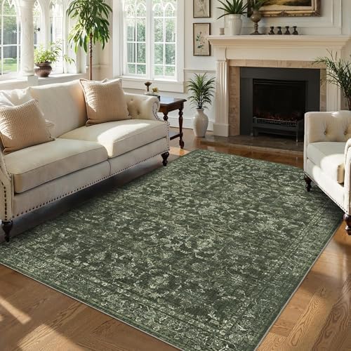 6x9 Washable Bedroom Area Rug Non-Slip Retro Dark Green Large Carpet by HOME